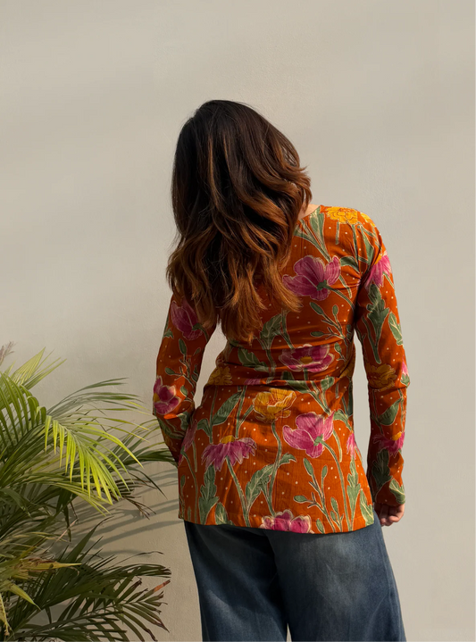 women Orange blush flower short kurti