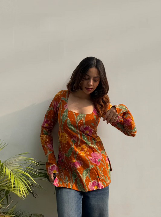 women Orange blush flower short kurti