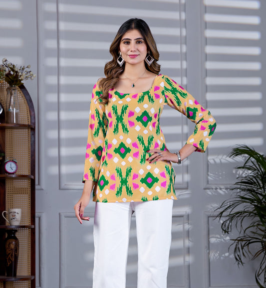Square Neck Yellow Printed Tunic
