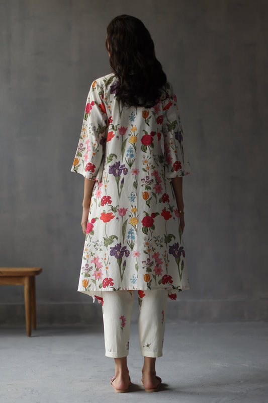 Ivory Linen Hand Drawn Floral V Primrose Pattern Kurta And Box Pleated Pant Set