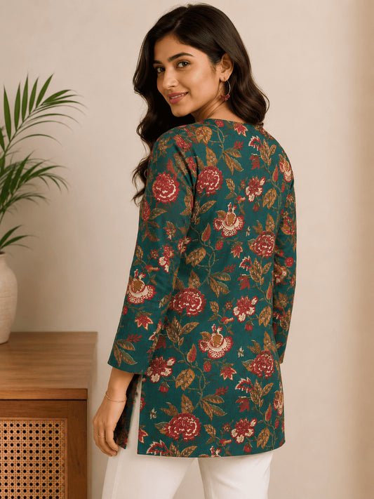 women Green flower Pure Cotton short kurti