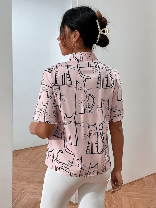 Cartoon Graphic Button Front Blouse