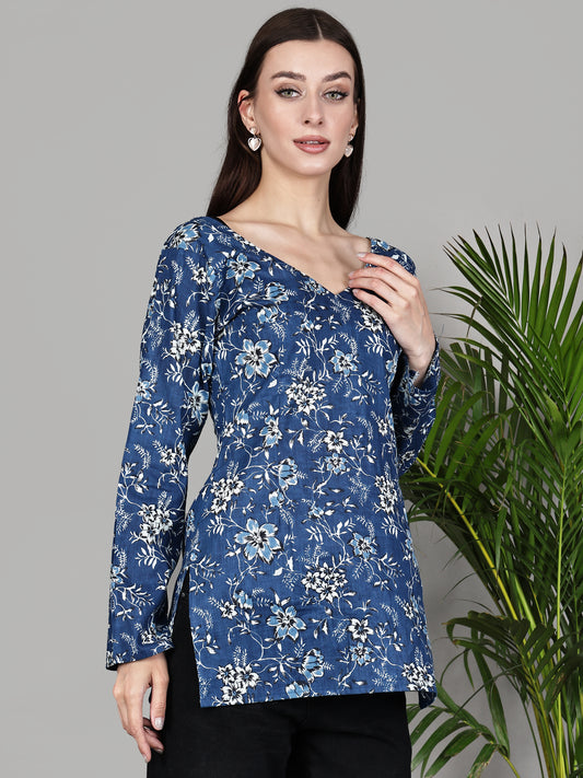 Blue Floral V-Neck Tunic for Women