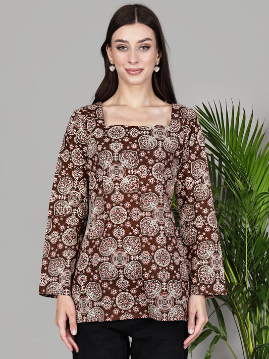 Brown Printed Full Sleeve Square Neck Tunic