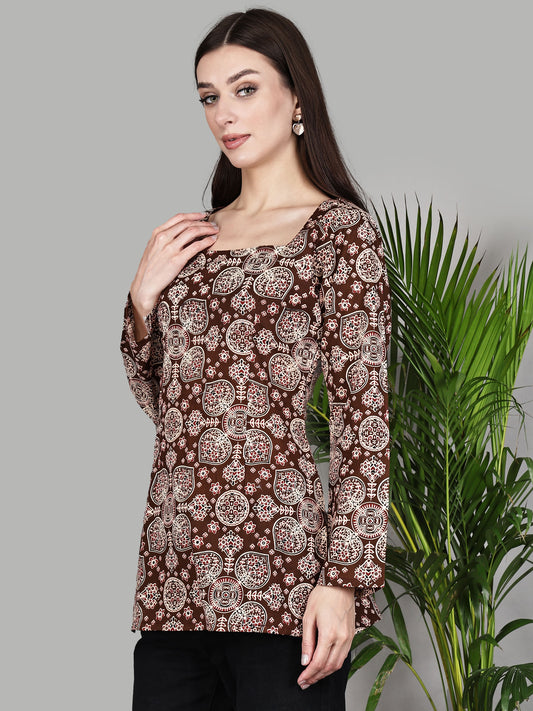 Brown Printed Full Sleeve Square Neck Tunic