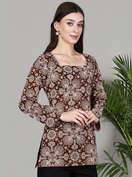 Brown Printed Full Sleeve Square Neck Tunic