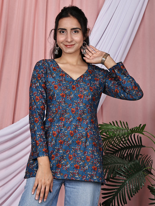 Blue & Rust Orange Floral Printed Pure Cotton Tunic