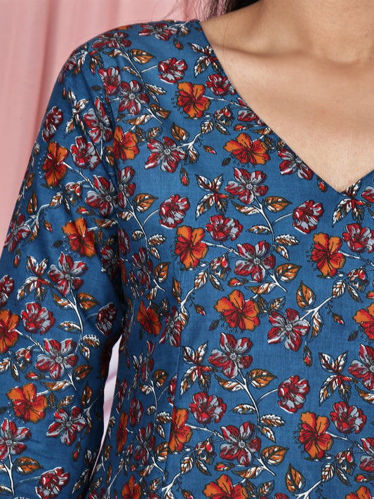 Blue & Rust Orange Floral Printed Pure Cotton Tunic