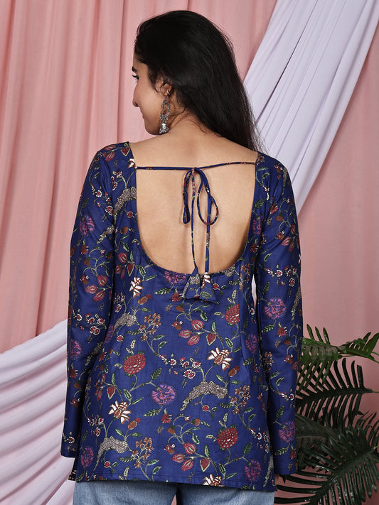 Royal Blue Floral Printed Pure Cotton Tunic