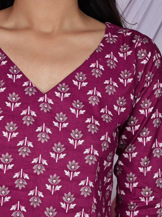 Purple Floral Buti Printed Pure Cotton V-Neck Tunic
