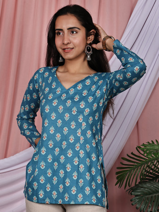 Teal Blue & Orange Floral Printed Pure Cotton V-Neck Tunic