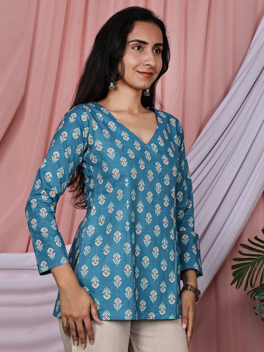 Teal Blue & Orange Floral Printed Pure Cotton V-Neck Tunic