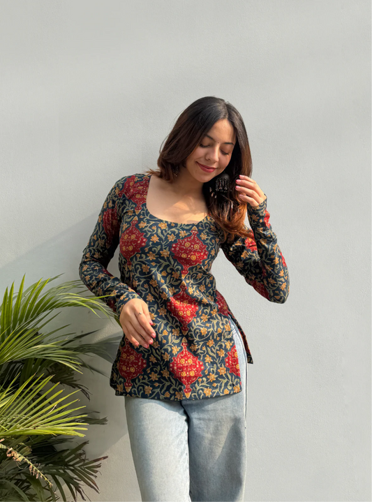 Women Blue Esthetic Flower Print Kurti