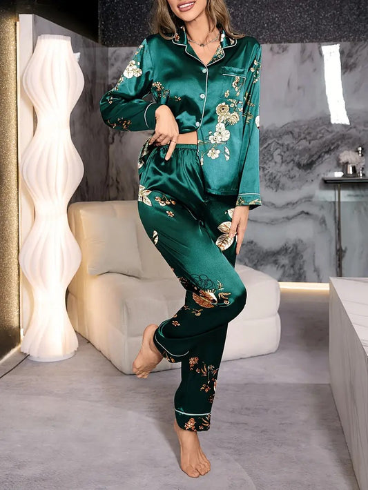 Women's Floral Print Long Sleeve Buttons Lapel Top & Pant