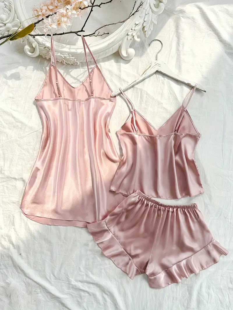 V Neck one piece with Cami Top Flare Shorts Sleep dress, pajama set