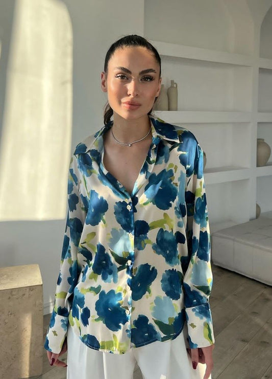 Elegant Women's blue floral print blouse
