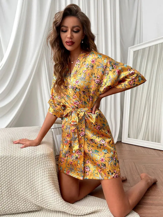Satin Floral Print Short Sleeve Belted House Robes