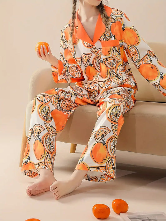 Orange Print Pajama Set, Long Sleeve Lapel Top & Pants