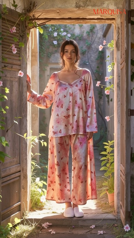 Women’s Butterfly Print Satin Pajama Set – Full Sleeve Nightwear