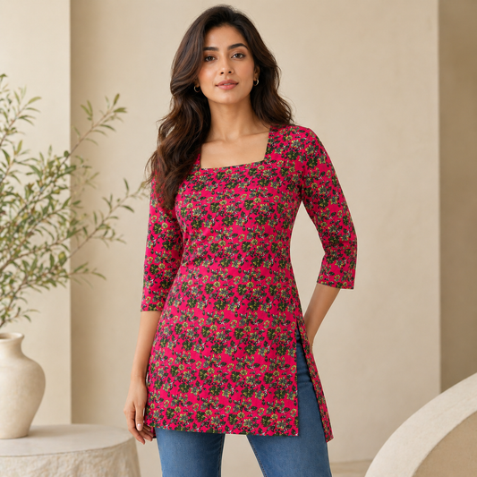 Pure Cotton Floral Short Kurti | Square Neck Three-Quarter Sleeve