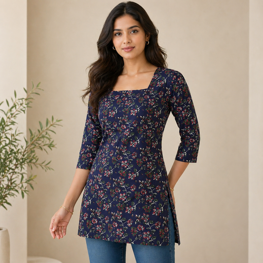 Olive Floral Square Neck Short Kurti with Crisscross Back