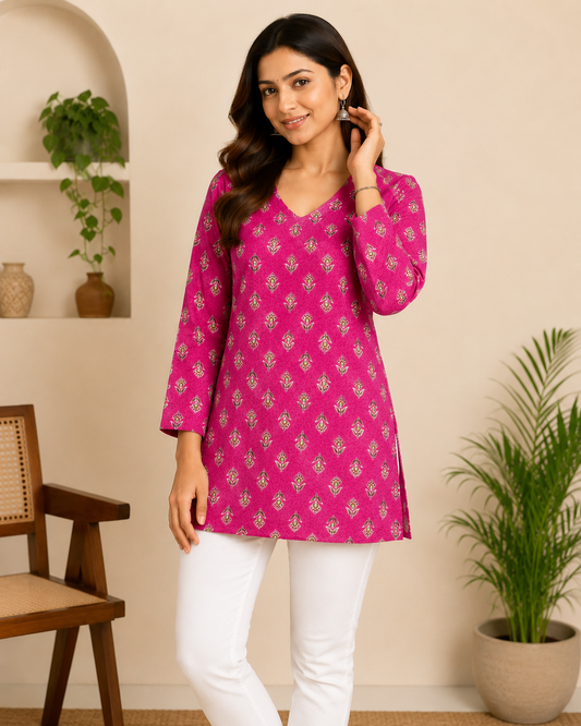 Indigo Blue & Maroon Floral Printed Pure Cotton Tunic