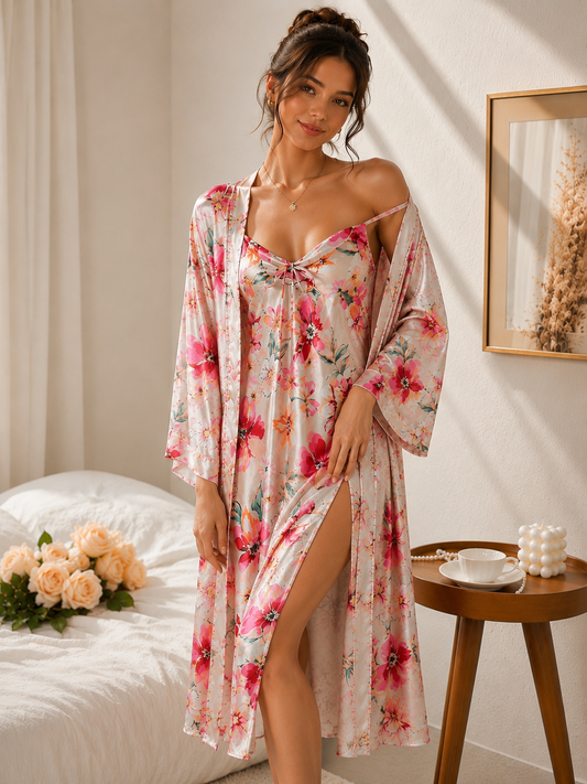 Floral Satin Nightwear Robe & Slip Dress Set