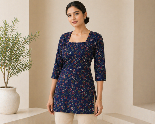 Floral Square Neck Short Kurti