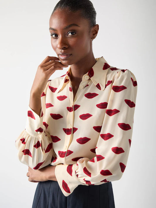 Red Silk Lips Print Silk Blouse