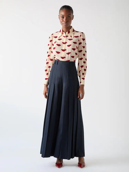 Red Silk Lips Print Silk Blouse