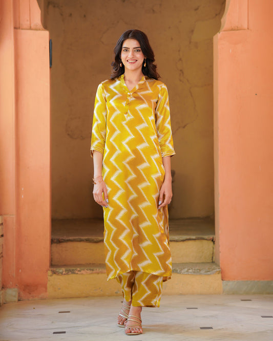 Mustard and White Zigzag Kurta Set (Muslin)