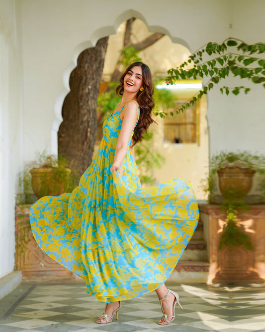 Teal Blue Foliage & Tiered Dress (Chiffon)