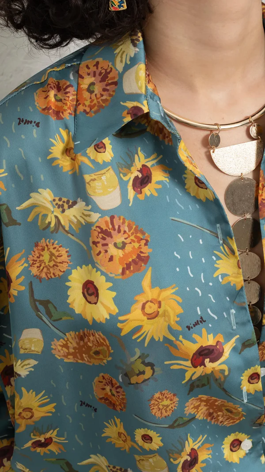 Golden Hue on Blue Sunflower Silk Touch Shirt