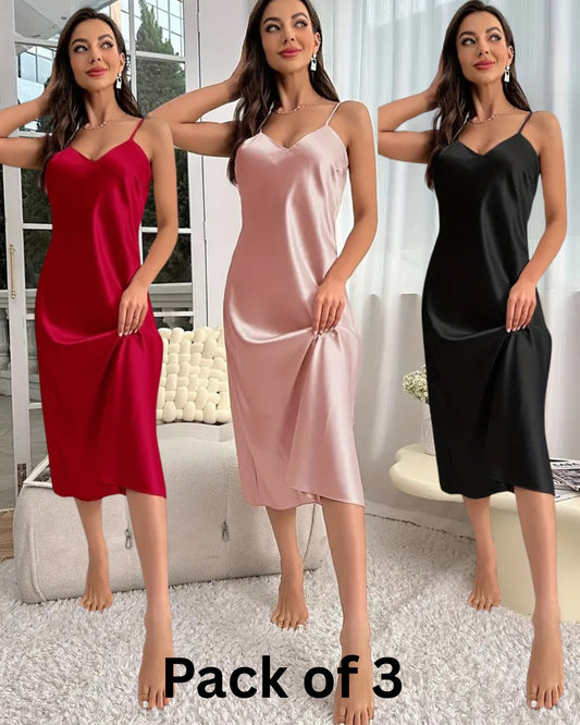 Satin silk V Neck Long Sleep Dress