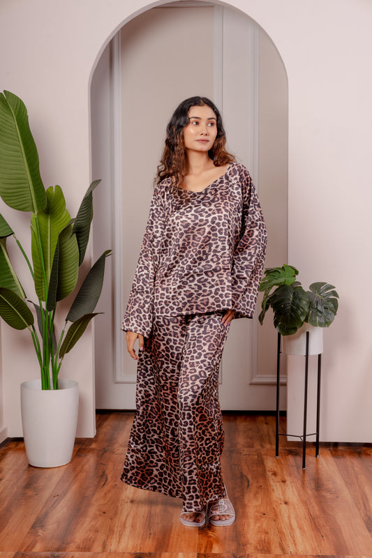Leopard Print Satin 3-Piece Nightwear Set for Women – Top, Shorts & Long Pants