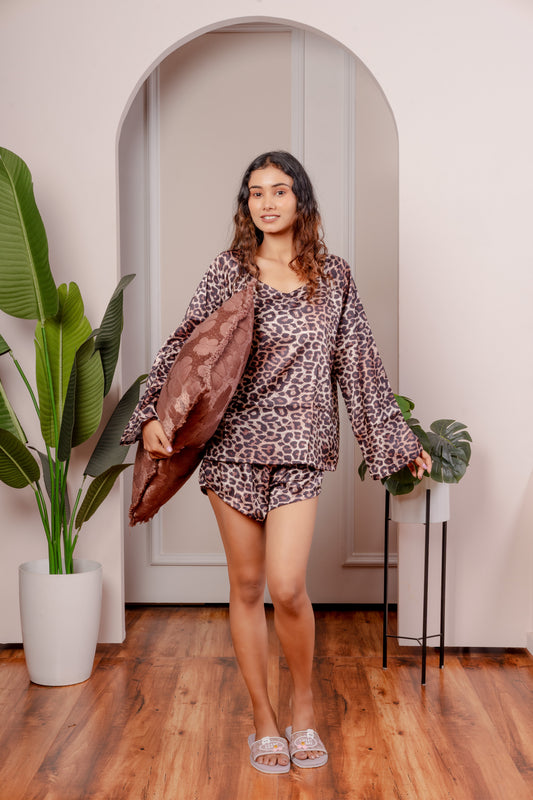 Leopard Print Satin 3-Piece Nightwear Set for Women – Top, Shorts & Long Pants