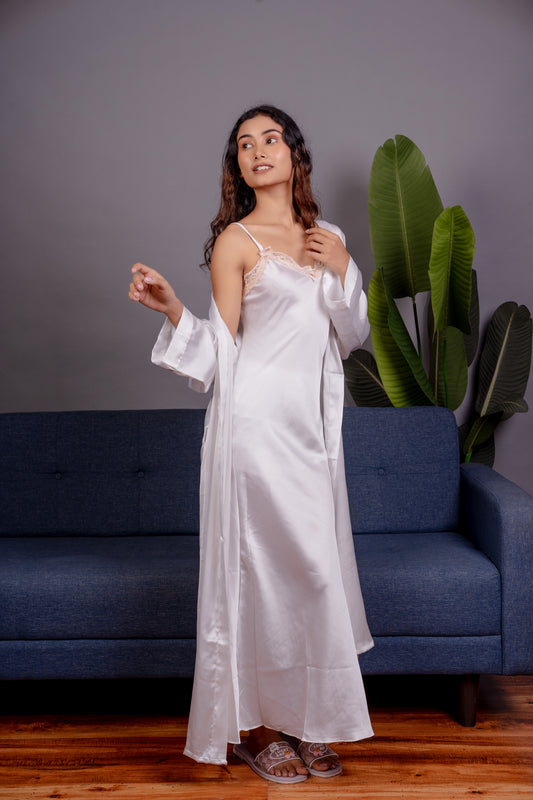 White Satin Robe Set for Women with Lace Detail