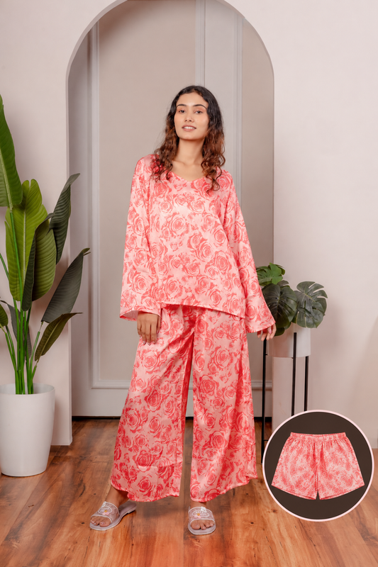 Floral Satin 3-Piece Nightwear Set for Women – Top, Shorts & Long Pants