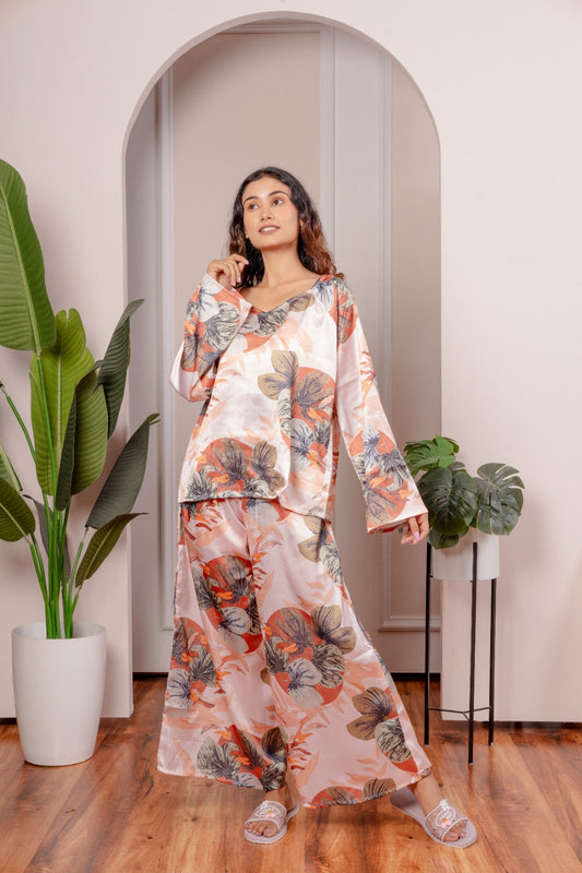 Floral Print Satin 3-Piece Nightwear Set for Women – Top, Shorts & Long Pants