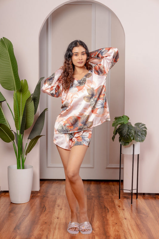 Floral Print Satin 3-Piece Nightwear Set for Women – Top, Shorts & Long Pants