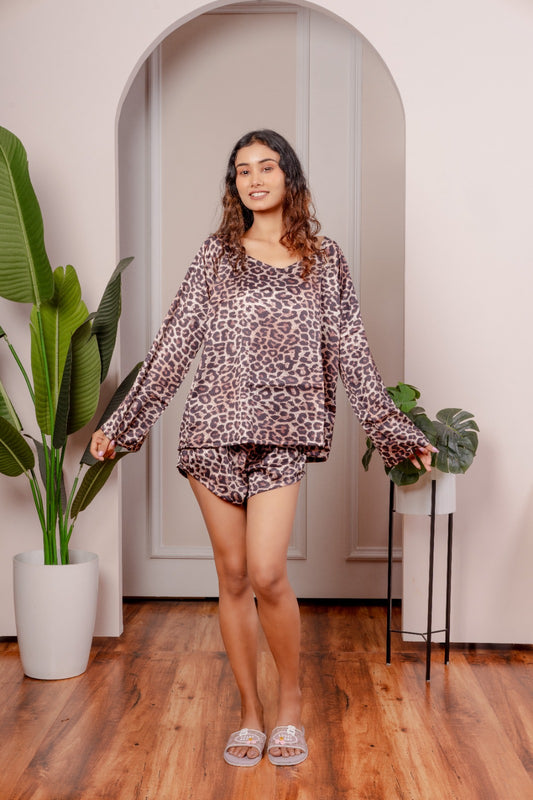 Leopard Print Satin 3-Piece Nightwear Set for Women – Top, Shorts & Long Pants