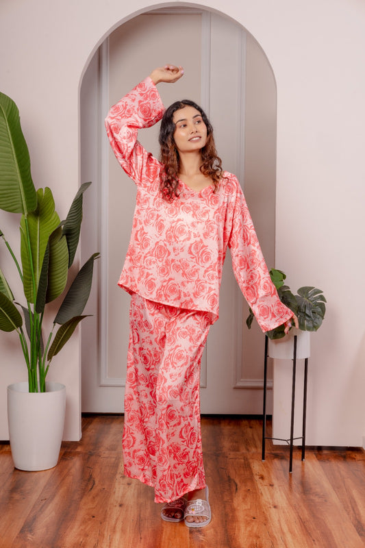 Floral Satin 3-Piece Nightwear Set for Women – Top, Shorts & Long Pants
