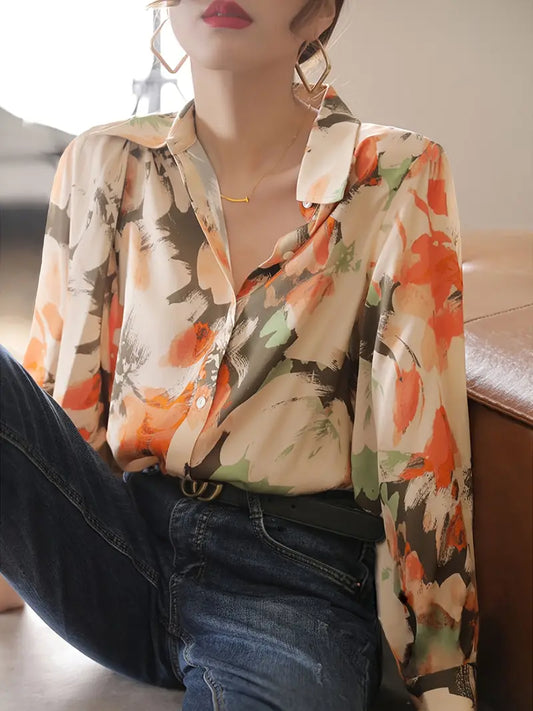 Spring & Fall Floral Ink Print Slimming Shirt