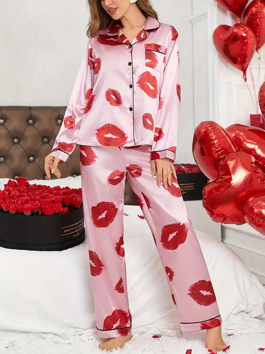 Lip Print Satin Cami Top & Shorts Pajama Set