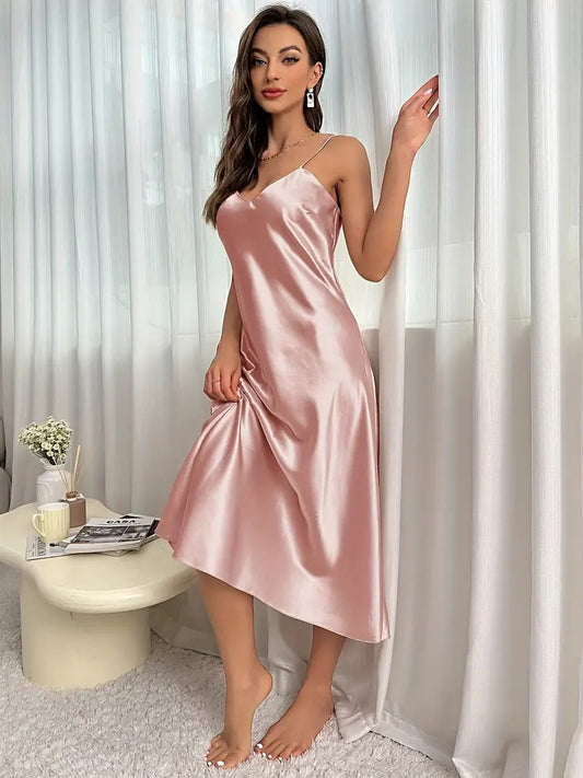 Satin silk V Neck Long Sleep Dress