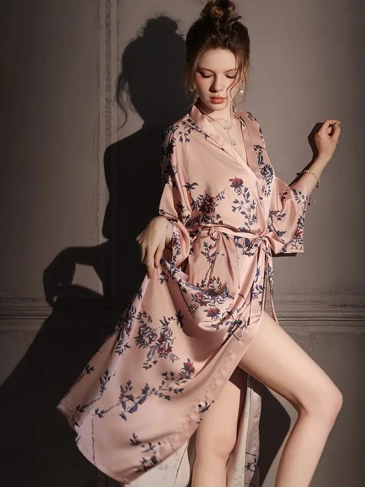 Luxurious Floral Print Satin Robe for Women