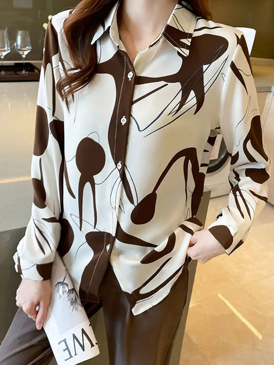 Women'S New Spring And Autumn Long-Sleeve Polo Shirt with Abstract Print