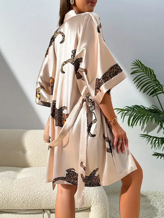 Sexy Satin Leopard Print Robe pair for Women with Belt
