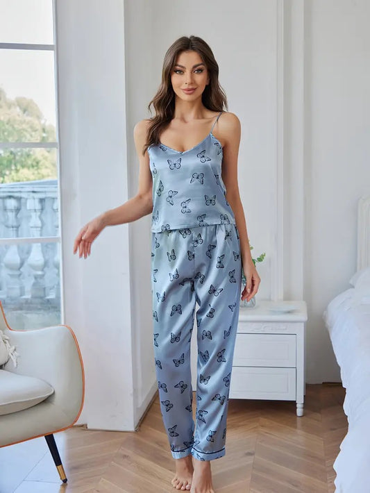 Butterfly Print Satin Pajama Set for women