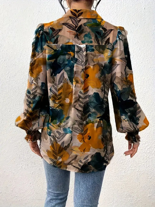 Women's Casual Lapel Collar Shirt with Leaf Print